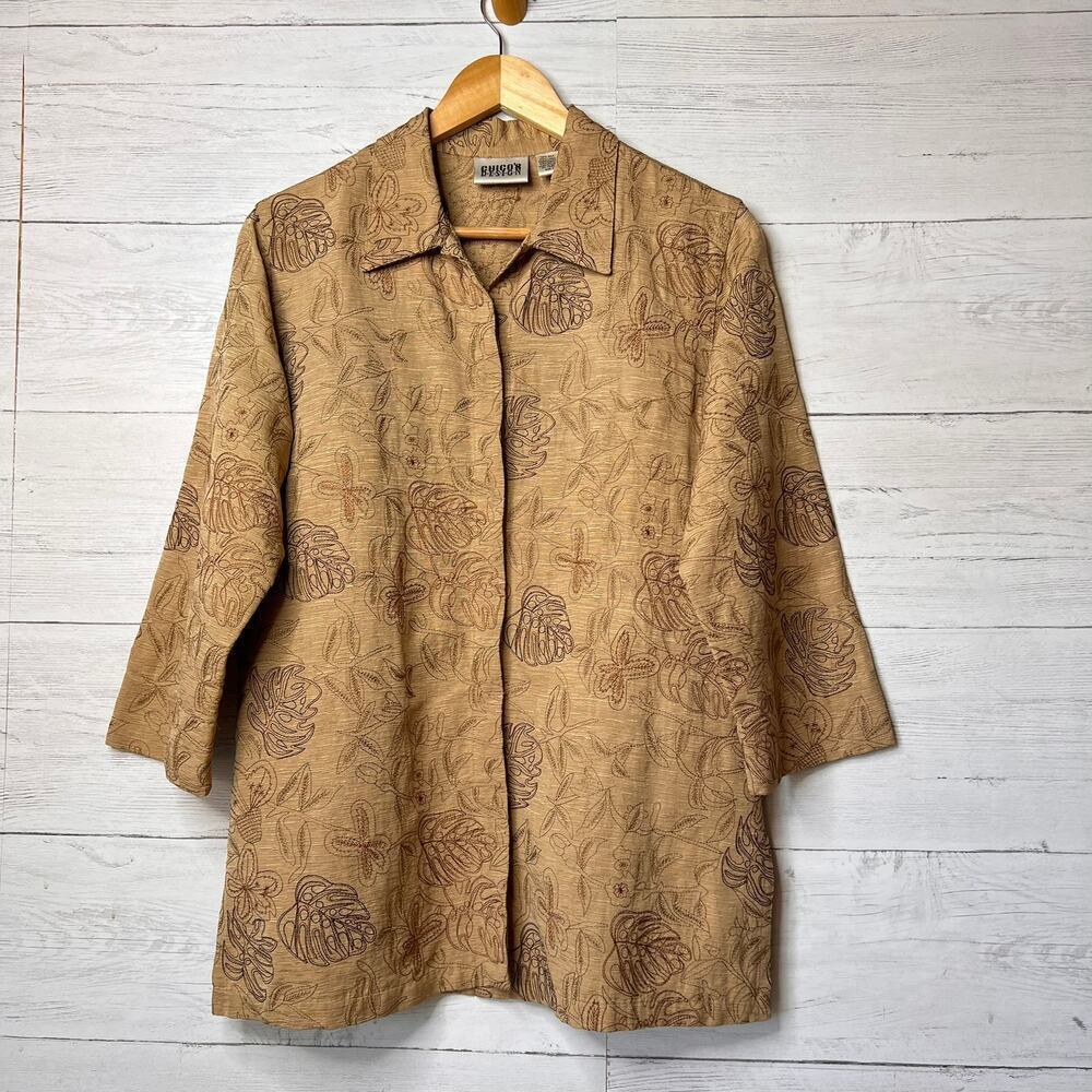 Vintage Chicos Jacket Womens Size 1/Medium Silk & Linen Blend Embroidered Palm